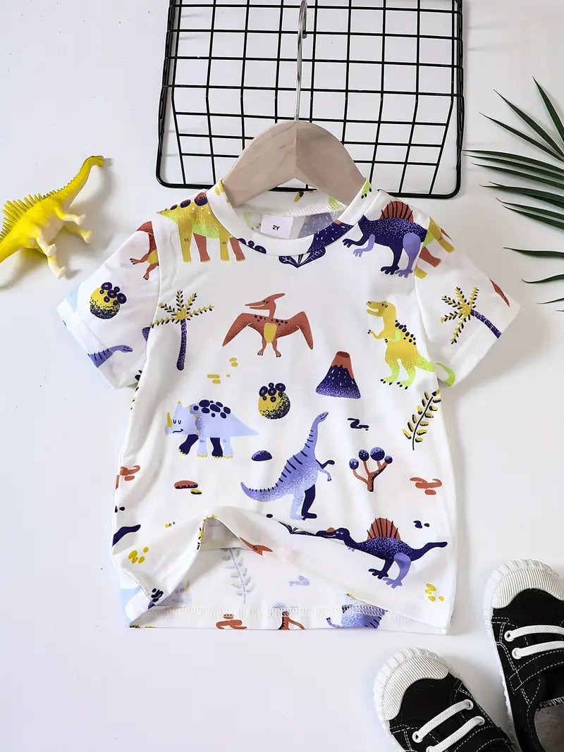 Toddler Boys Cute Dinosaur Print T-shirt Crew Neck Short Sleeve Tees, Kids Clothing For Summer