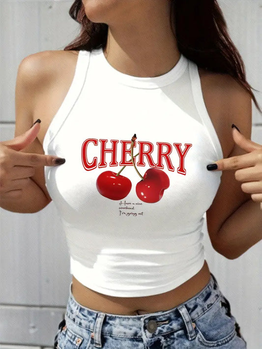 Vibrant Cherry Print Crew Neck Tank Top - Elegant Geometric Pattern, Mid Elasticity, Semi-Sheer, Polyester Knit Fabric, Perfect for Spring & Summer, Womens Casual Sleeveless Crop Top for Everyday Wear