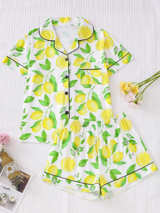 Womens Refreshing Lemon-Print Sleepwear Set - Comfy Short Sleeve Top with Shorts, Casual Button-Up Nightwear