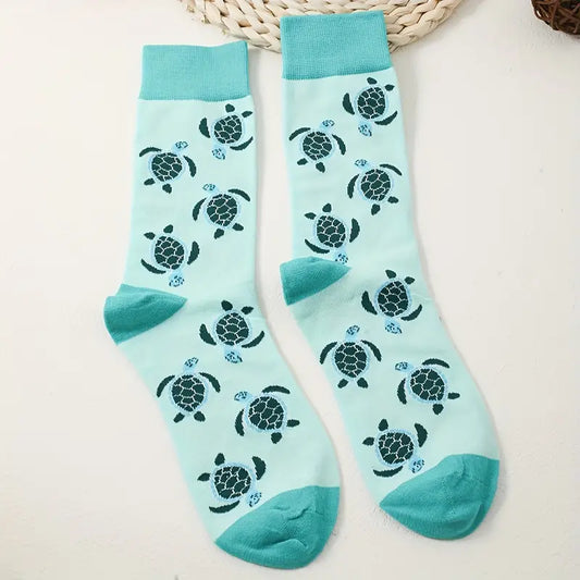 1 Pair Womens Ultra-Soft Music Festival Socks - Lightweight & Breathable with Fun Turtle Print, Mid Tube Design for Trendy Style