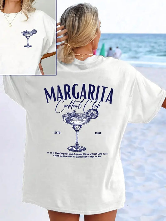 Margarita Print Crew Neck T-shirt, Casual Short Sleeve Top For Spring & Summer, Women's Clothing